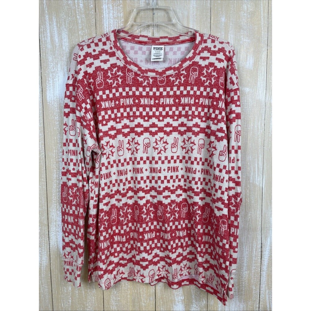 Victoria’s Secret PINK Cozy Long Sleeve Sleep Shirt M Red Fair Isle Peace